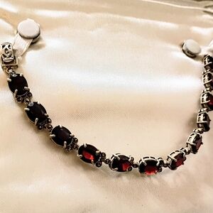 Vintage 7" Oval Genuine Garnet Marcasite Bohemian Bracelet